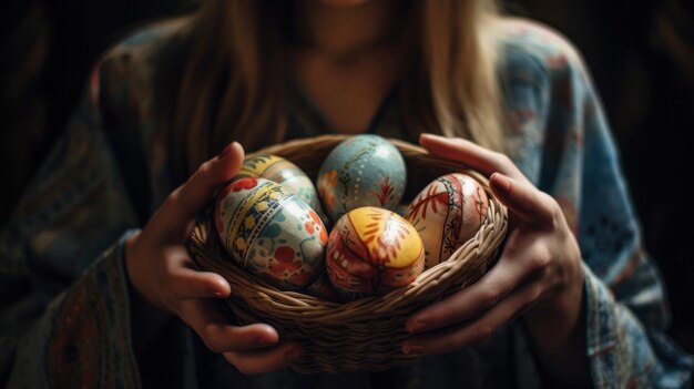 Frau mit bemalten Eiern in einem Easter-Korb mit farbigen Eiern