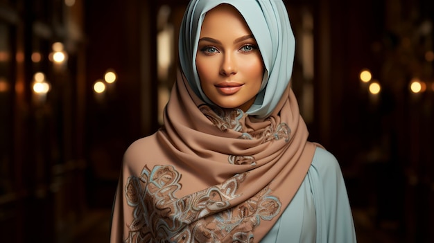 Frau mit blauem Hijab und braunem Schal