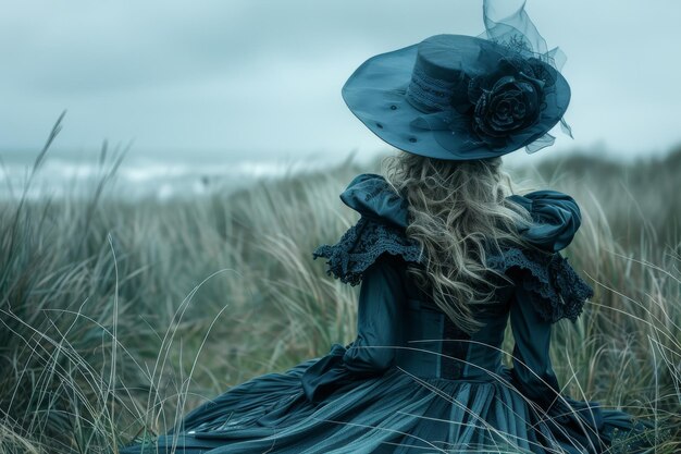 Foto frau mit blauem kleid und hut steht auf dem feld