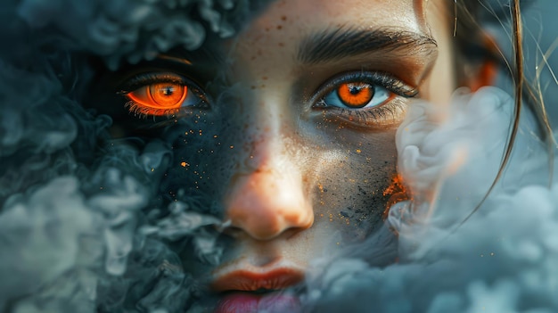 Frau mit blauen Augen, umgeben von Rauch