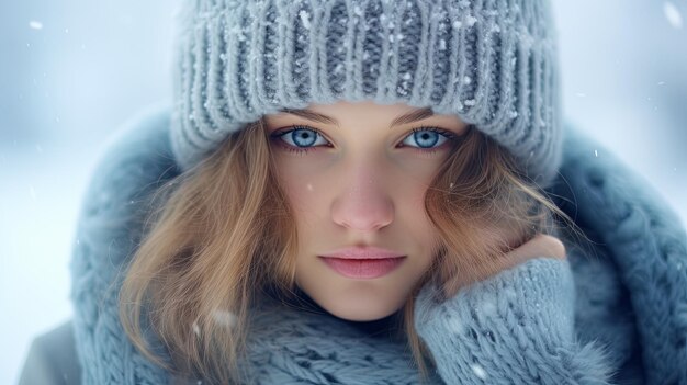 Frau mit blauen Augen und Winterhut
