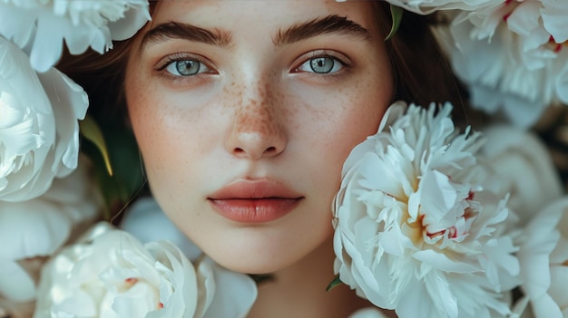 Frau mit blauen Augen vor Blumen