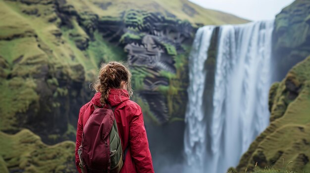 Frau mit Blick auf den Wasserfall bei Skogafoss Island Ai generative