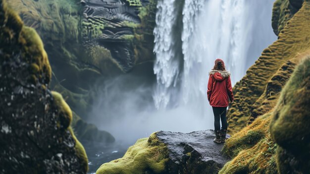 Frau mit Blick auf den Wasserfall bei Skogafoss Island Ai generative