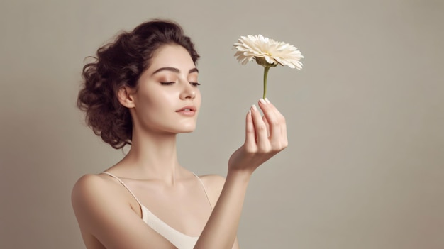 Frau mit Blume auf hellem Hintergrund