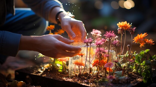 Foto frau mit blumen in den händen am abend