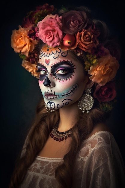 Frau mit Blumen- und Calavera-Maquillaje in der Cara Catrina