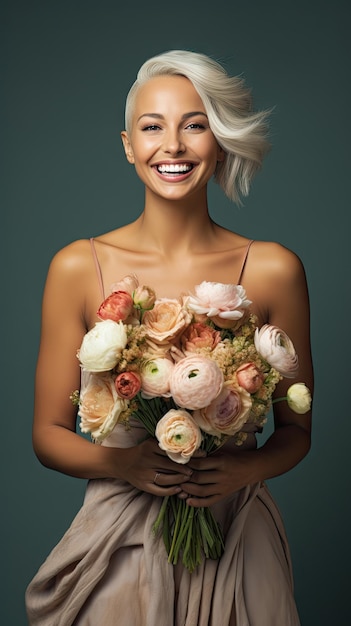 Frau mit Blumenstrauß, Floristin mit Glatze