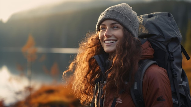 Frau mit braunem Hut und orangefarbener Jacke