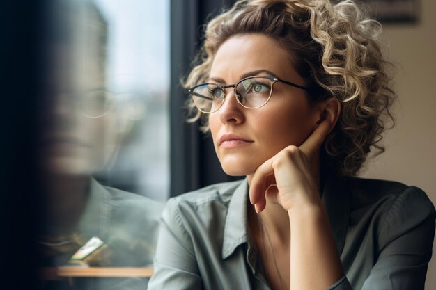 Foto frau mit brille, die aus dem fenster schaut