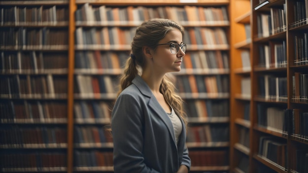 Frau mit Brille in der Bibliothek