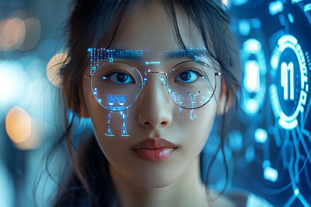 Frau mit Brille mit futuristischem Interface