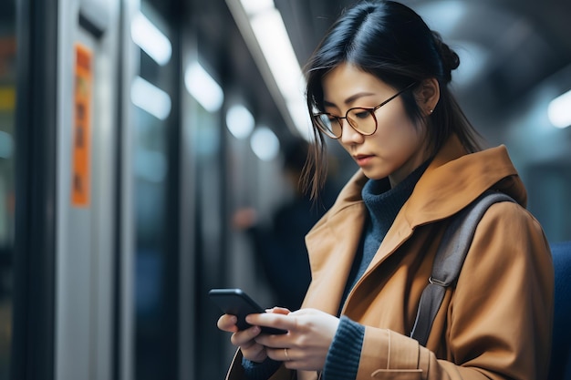 Frau mit Brille schaut auf Handy