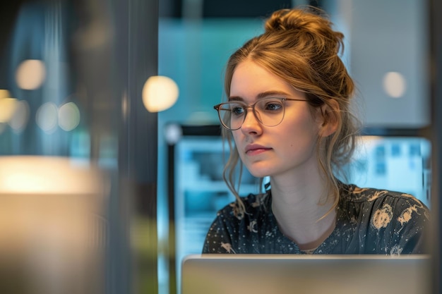 Frau mit Brille schaut auf Laptop