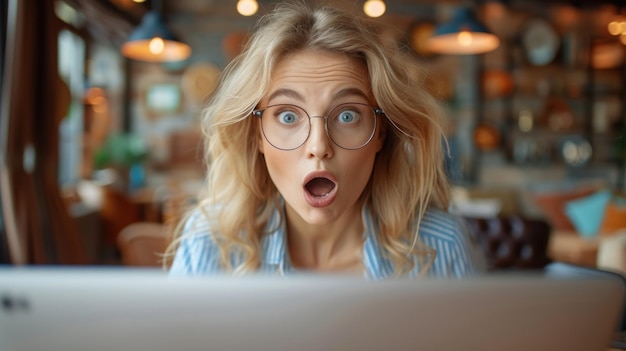 Foto frau mit brille überrascht am laptop