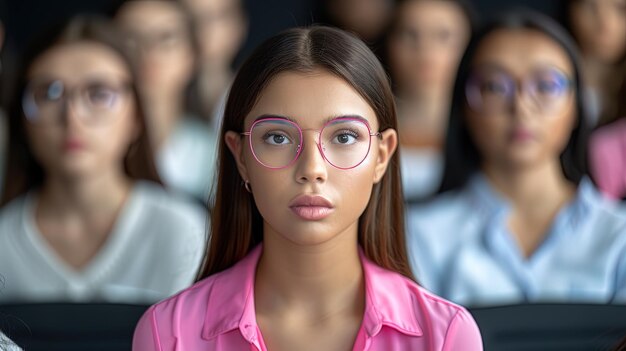 Frau mit Brille vor einer Gruppe von Menschen