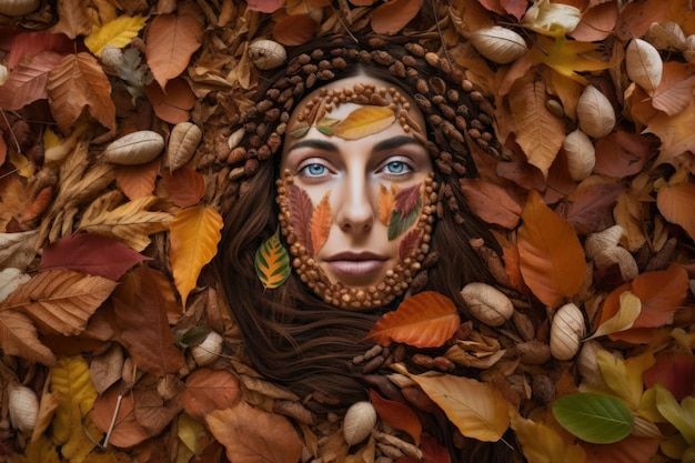 Frau mit bunten Herbstblättern in einem Land-Art-Porträt