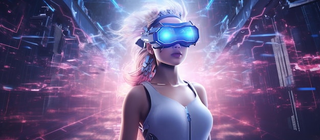 Frau mit Cyberpunk-Stil 3D-VR-Technologie Hintergrundtapeten ai-generiertes Bild