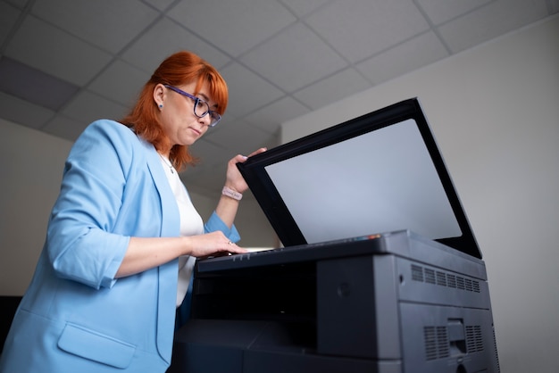 Foto frau mit drucker im büro