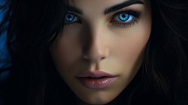 Frau mit dunklen Haaren und blauen Augen