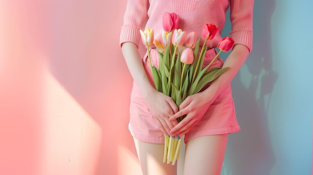 Frau mit einem Bouquet aus frischen Tulpen im Frühling Mode Pasteltöne Femininer Stil Einfache Eleganz für Stock AI