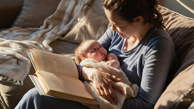 Foto frau mit einem buch und einem kleinen baby