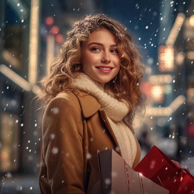 Frau mit einem Geschenk bereitet sich auf die Weihnachts- und Neujahrsfeiertage vor