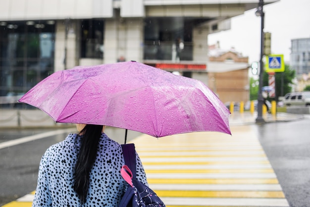 Frau mit einem rosa Regenschirm im regnerischen Wetter, das den Fußgänger kreuzt.