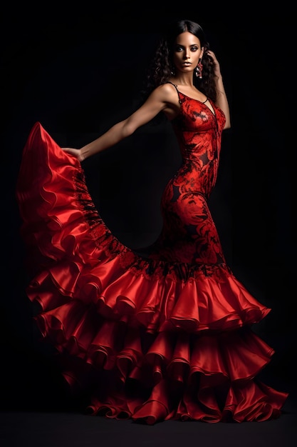 Frau mit einem roten Flamenco-Kleid auf schwarzem Hintergrund