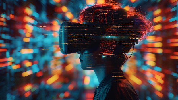 Frau mit einem Virtual-Reality-Headset farbenfrohe digitale Innovation Zukunftstechnologie disruptive VR