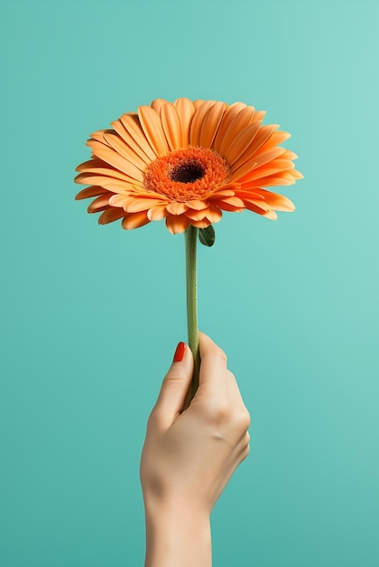 Foto frau mit einer delikaten orangefarbenen gerbera in einer pastellfarbenpalette