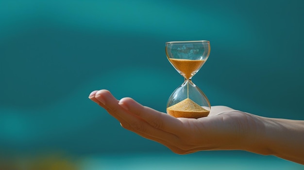 Foto frau mit einer hand, die ein stundenglas hält, um zeit zu verbringen