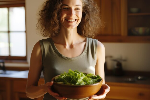 Foto frau mit einer schüssel salat in der küche perfekt für lebensmittel und inhalte über einen gesunden lebensstil
