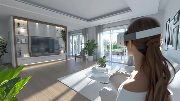 Frau mit einer virtuellen Realitätsbrille im modernen Wohnzimmer 3D-Rendering