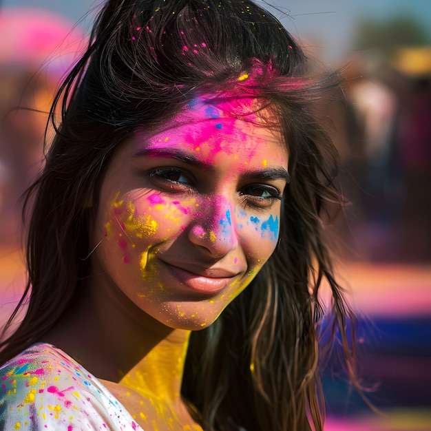 Frau mit Farben anlässlich von Holi Konzept für das indische Fest Holi Farbenspritz