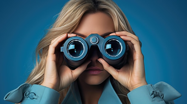 Frau mit Fernglas vor blauem Hintergrund