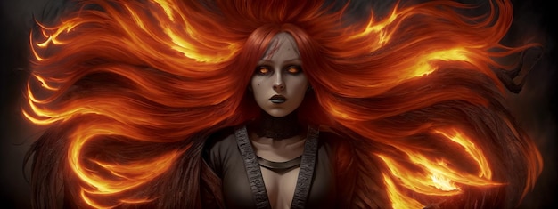 Frau mit flammend fliegenden roten Haaren und feurigen Augen in Lederkleidung auf dunklem Hintergrund Illustration mit einem erschreckenden Mädchen mit brennender Frisur Generative KI