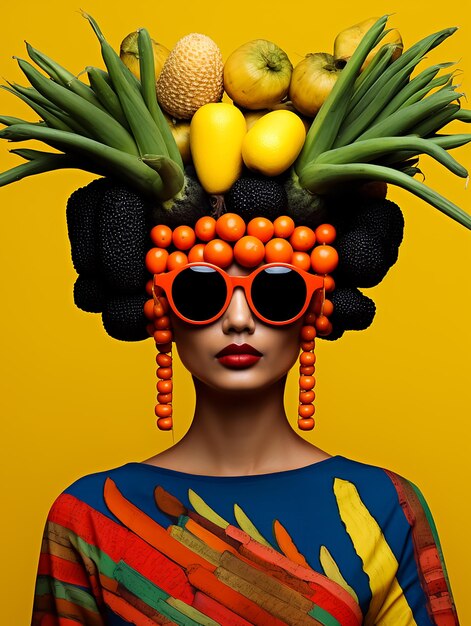 Frau mit Früchten auf der Titelseite eines Mode-Magazins
