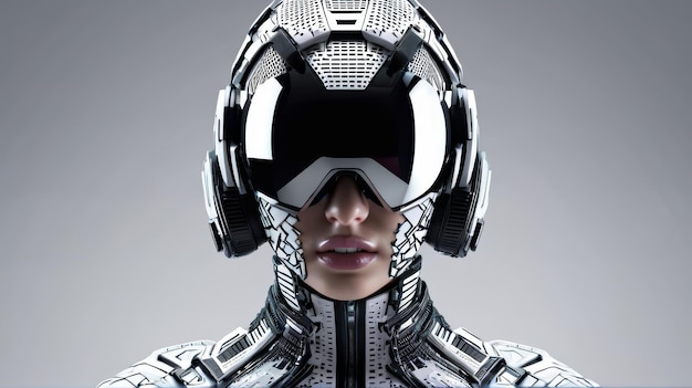 Frau mit futuristischem Helm und Brille