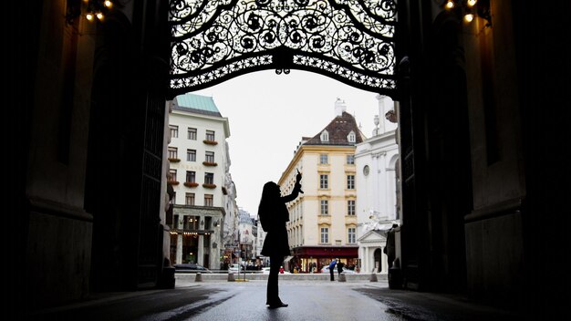 Frau mit Gadget in Hofburg Wien, Silhouette, Weitwinkel, Weitwinkel