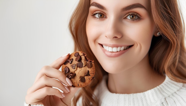 Foto frau mit gebissenem keks mit schokoladenfliesen auf weißem hintergrund