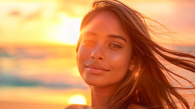 Frau mit gebräunter Haut bei Sonnenuntergang am Strand