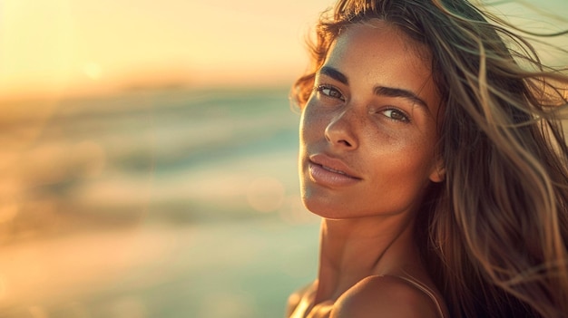 Frau mit gebräunter Haut bei Sonnenuntergang am Strand