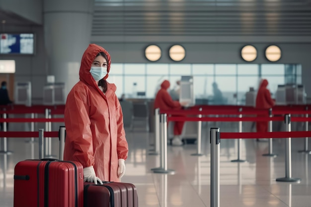Frau mit Gepäck steht an fast leeren Check-in-Schaltern am Flughafenterminal aufgrund der Coronavirus-Pandemie, Covid-19-Ausbruch, Reisebeschränkungen, Flugannullierung, Quarantäne auf der ganzen Welt