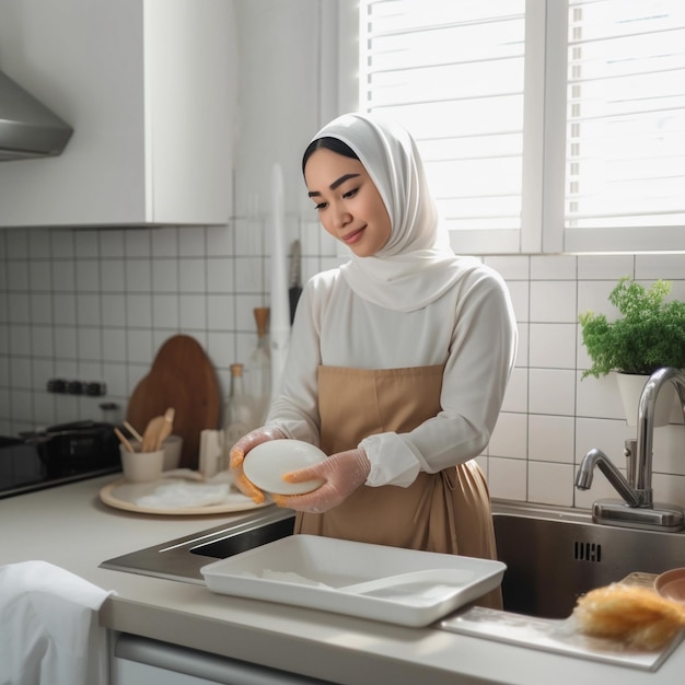 Frau mit Glanz und Gelassenheit, die sich mit Liebe um die Reinigungswerkzeuge im Haus kümmert