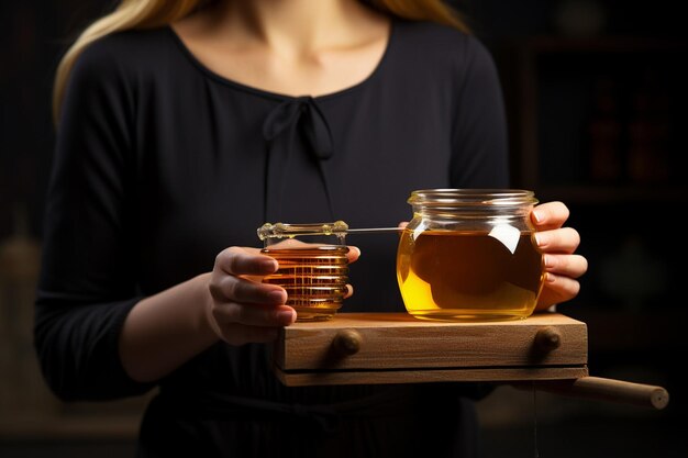 Foto frau mit glas mit tee und honig in der vorderseite