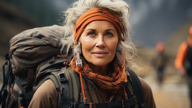 Foto frau mit grauen haaren trägt einen rucksack