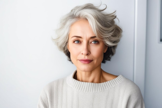 Frau mit grauen Haaren und Pullover schaut in die Kamera Generative KI