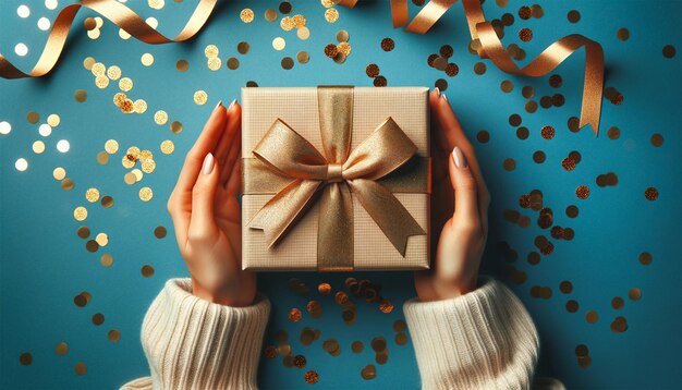 Frau mit Händen, die eine elegante Geschenkkiste mit einem goldenen Band über einem blauen Hintergrund besprühen