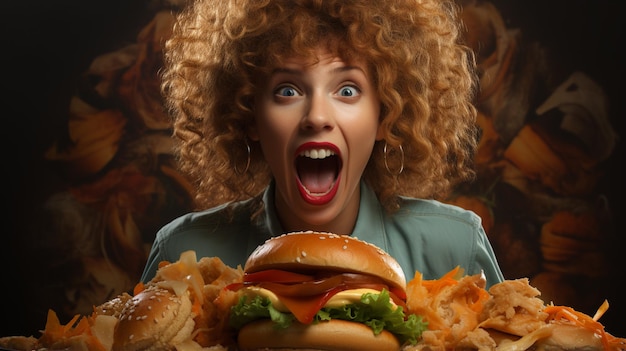 Frau mit Hamburger im Studio auf schwarzem Hintergrund